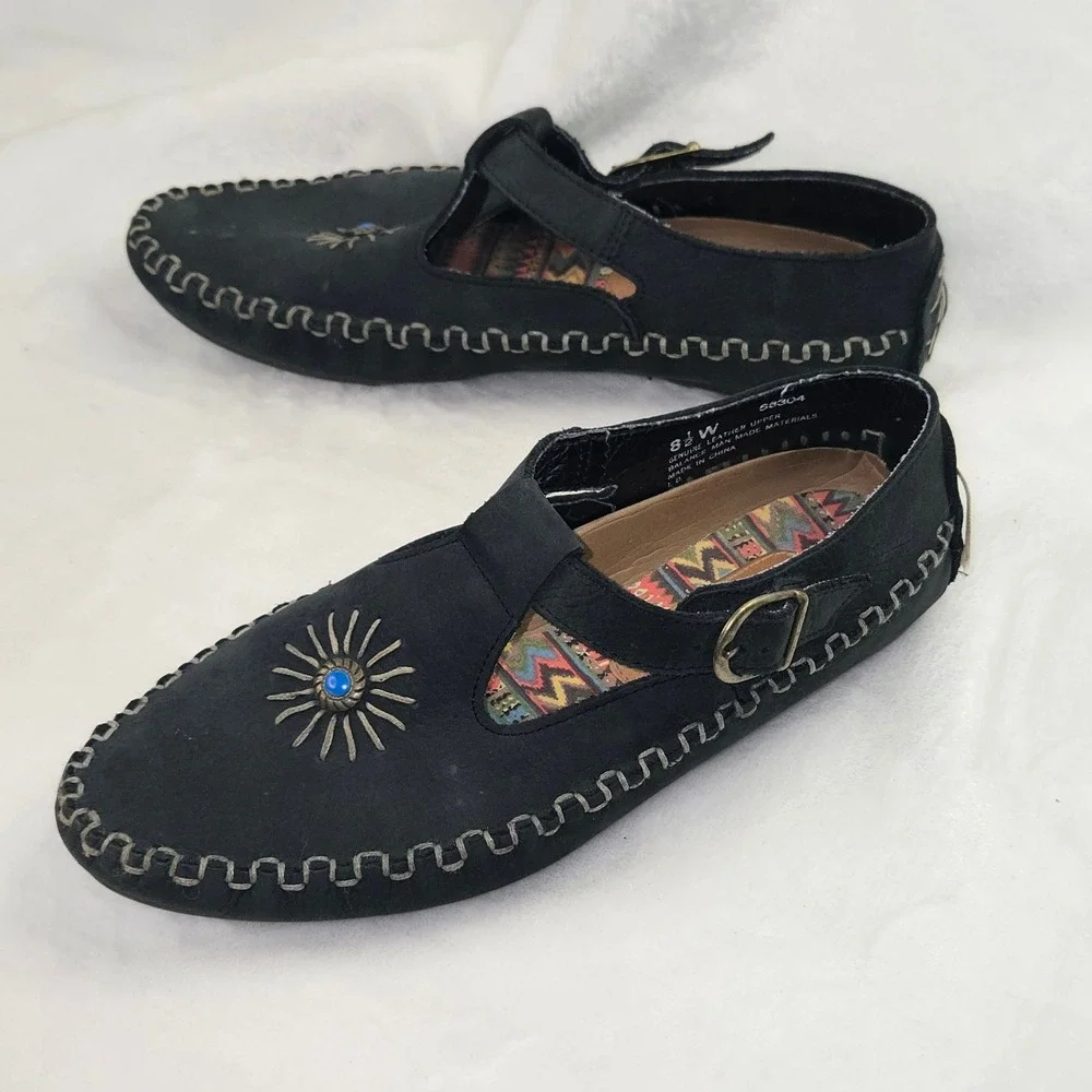 Hush Puppies Womens 8.5 W Black Leather T-Strap Sunburst Flats Shoes 58304